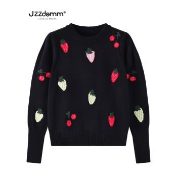 九州誠品/JZZDEMM草莓刺繡套頭毛衣女減齡設計感收腰修身打底上衣
