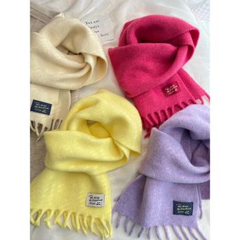 冬季保暖含羊毛純色小圍巾女純色彩標百搭韓版高級感流蘇圍脖護頸