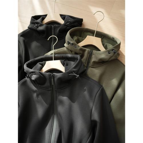 男士保暖加絨連帽衛衣 一體絨休閑拉鏈外套 冬季加厚開衫上衣k