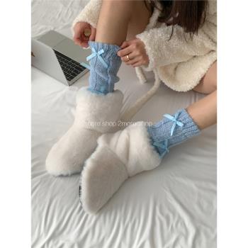 明日商店 韓國少女時髦芭蕾藍白蝴蝶結毛線襪套ins小眾保暖堆堆襪
