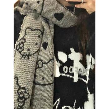2024秋冬卡通日系hellokitty雙面保暖圍巾提花黑色凱蒂貓針織披肩