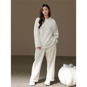 【加厚加絨】高階圓領睡衣女秋冬季保暖珊瑚絨法蘭絨居家簡約套裝