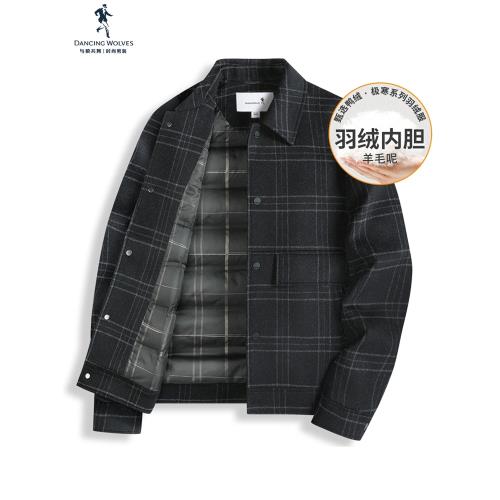 【羽絨內膽】與狼共舞羊毛呢翻領夾克男2024秋冬新款格紋保暖外套