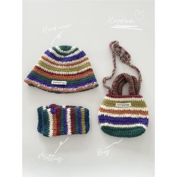 韓版手工編制彩虹條紋復古針織漁夫帽女秋冬季保暖三件套手套包包