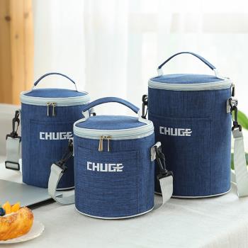 斜挎冬季防水防油保暖飯盒袋牛津布鋁箔隔熱圓形飯桶保溫桶手提袋