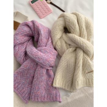 高級感羊駝毛~23冬季新款羊毛混紡米色奶茶色針織加厚保暖圍巾潮