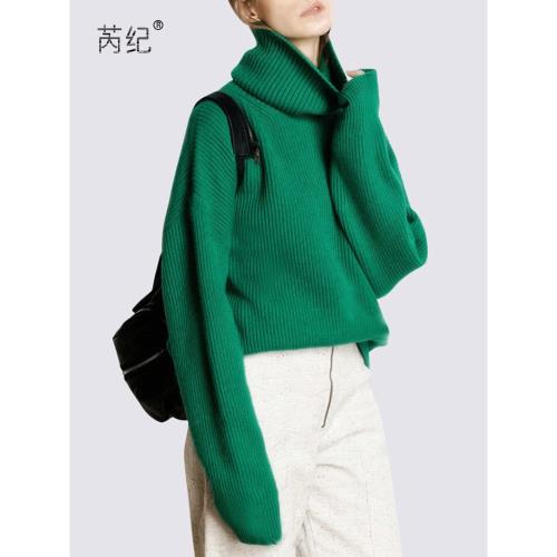 時尚針織衫上衣2025秋冬新款長袖百搭寬松外穿高領套頭綠色毛衣女