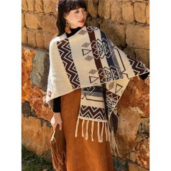 波西米亞復古民族風秋冬針織披肩斗篷女大理旅游外搭披巾保暖圍巾