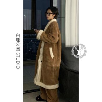 韓版慵懶珊瑚絨睡衣女款冬季加厚保暖毛絨套裝睡袍長褲家居服套裝
