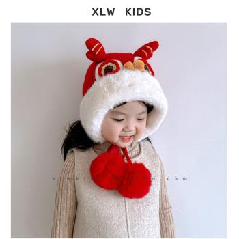 中國風醒獅帽冬季兒童套頭帽男女童寶寶新年保暖防風毛絨護耳帽子