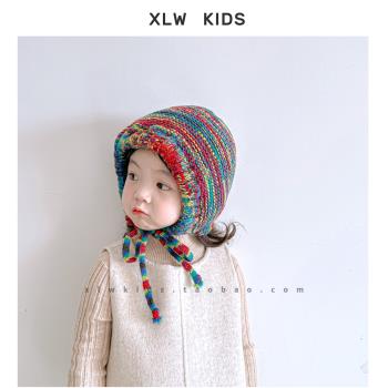 多巴胺彩虹色~秋冬季兒童套頭針織帽男女寶寶綁帶保暖護耳毛線帽