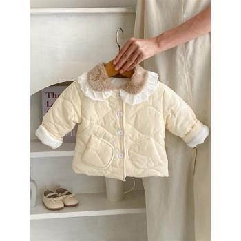 嬰兒冬裝棉服女寶寶保暖加厚長袖毛毛翻領外套新生兒冬季韓版棉衣