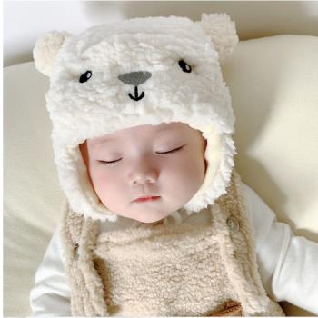 寶寶護耳帽冬季可愛小熊毛絨嬰幼兒保暖套頭帽超萌韓版男女兒童帽