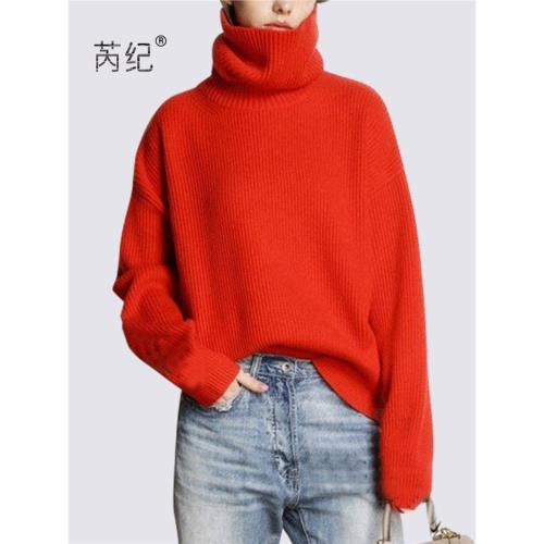 新款時尚大氣女高領羊毛衫外穿寬松慵懶范高領紅色毛衣女秋冬穿搭