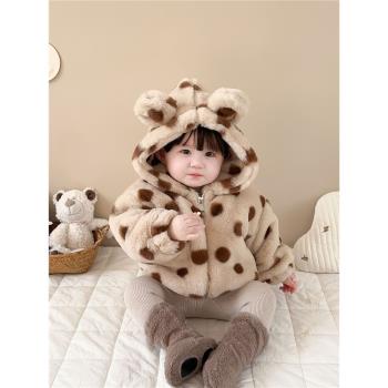嬰兒外套冬款0-3歲韓版雙層加厚圓點連帽上衣寶寶冬季保暖毛毛衣