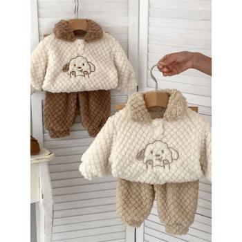 嬰兒冬季加絨套裝可愛卡通刺繡家居服男女寶寶冬裝加厚保暖兩件套