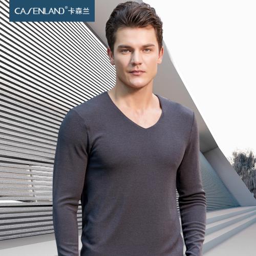 卡森蘭男士保暖內衣雙層加厚單件上衣中青年秋冬季打底衫V領秋衣