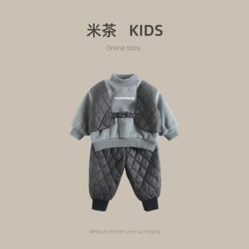 韓國男童假兩件加絨衛衣套裝2023秋冬新款寶寶加厚保暖炸街兩件套
