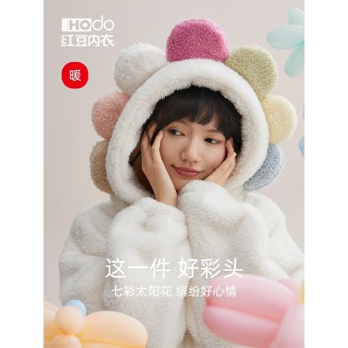 紅豆睡袍女士珊瑚絨可愛連帽加厚睡衣可外穿秋冬季保暖家居服預