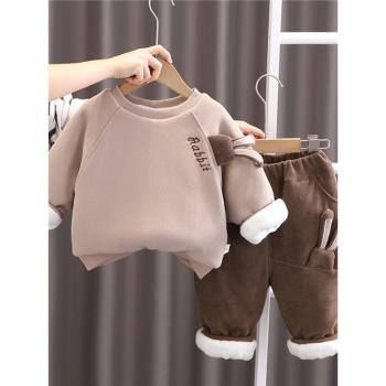嬰兒衣服男童冬季韓版加絨加厚保暖一周歲男寶寶休閑長袖衛衣套裝