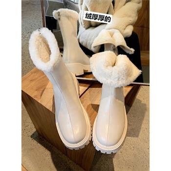 牛皮冬季加絨白色厚底保暖雪地靴