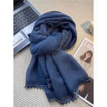 復古藍色溫婉兩用保暖圍巾披肩