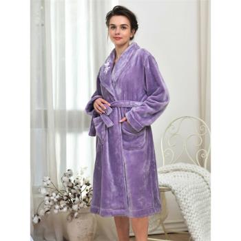 羅絲美法蘭絨紫色簡約女保暖睡袍