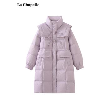 拉夏貝爾/La Chapelle牛角扣海軍領中長款羽絨服女寬松保暖外套冬