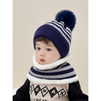 嬰兒帽子男寶冬季2023新款寶寶帽子針織帽圍脖套裝嬰幼兒保暖冬款