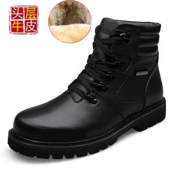 黑色真皮馬丁靴男冬季加絨保暖厚底頭層牛皮休閑高幫棉皮鞋大碼45