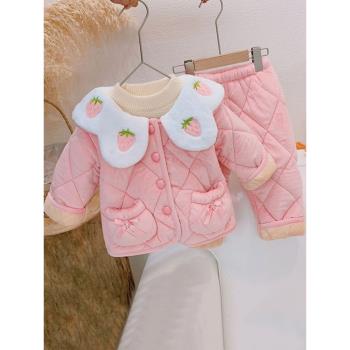 嬰兒衣服冬季可愛小女孩加絨夾棉保暖睡衣套裝家居服男女寶寶冬裝