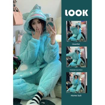 可愛小丑魚加厚珊瑚絨睡衣女冬款新款保暖毛絨睡袍長褲家居服套裝