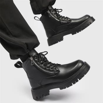 馬丁靴男英倫風高級感厚底增高機車工裝靴側拉鏈黑色高幫加絨棉鞋