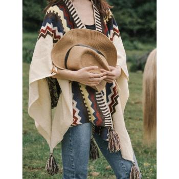 波西米亞風流蘇針織斗篷披風旅游拍照民族風保暖提花披肩圍巾