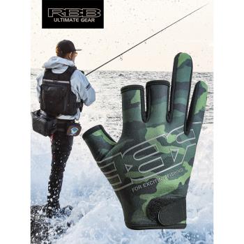 日本RBB冬季釣魚手套彈力潛水布面料簿絨保暖硅膠防滑防水防防刺