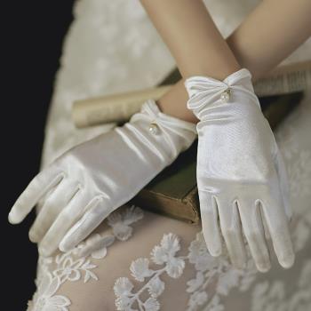 黑白酒紅色緞面優雅復古新娘手套