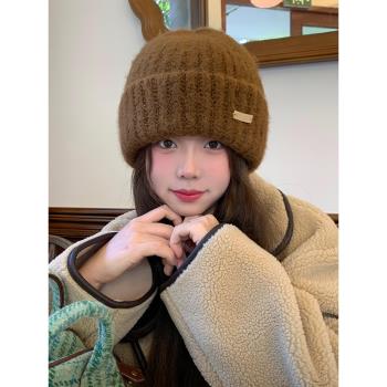 美拉德毛線帽女冬季韓版ins百搭針織顯臉小保暖加厚純色咖色帽子