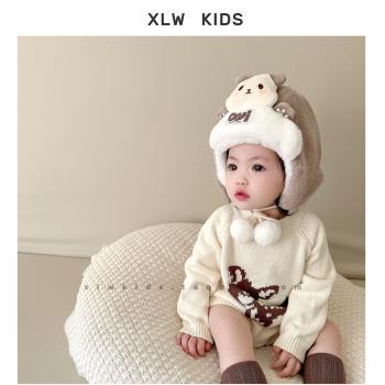 加絨加厚~可愛嬰兒秋冬季套頭帽子男女寶寶保暖嬰幼兒毛絨護耳帽