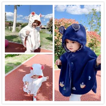 日系中小兒童可愛fm洋氣秋冬保暖披風嬰兒外套連帽加絨厚雙層斗篷