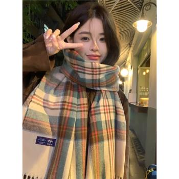 2023新款米色格子圍巾女冬季韓版復古高級感百搭加厚保暖圍脖女款