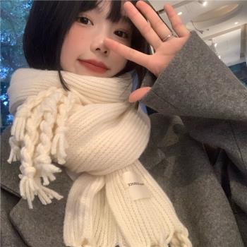白色圍巾女冬季韓版高級感針織毛線麻花流蘇保暖軟糯圍脖加厚學生