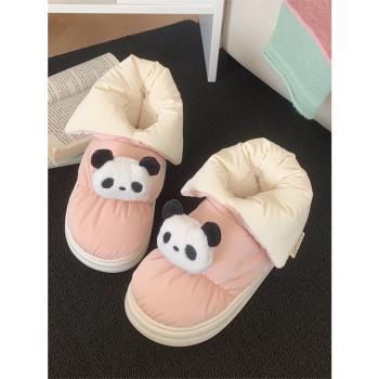 細細條 拼色防水面包棉鞋女冬季創意可愛熊貓保暖加絨百搭雪地靴