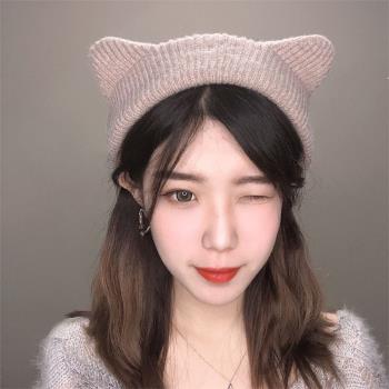 可愛秋冬季貓耳女士韓版貝雷帽子