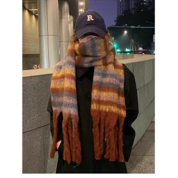 女冬季彩色條紋加厚保暖毛絨圍巾