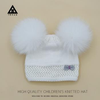 法國蝴蝶結雙狐貍毛球帽子女冬季兒童寶寶保暖加絨護耳針織毛線帽