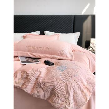 高階保暖牛奶絨床單四件套輕奢風刺繡加厚法蘭珊瑚絨被套床上用品