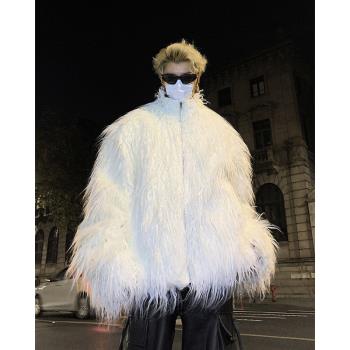 冬季新款白色毛毛外套男高級感男生廓形慵懶風長毛環保皮草棉服潮