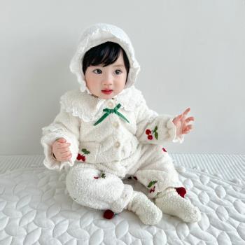 冬季女寶寶加絨保暖衣服新生嬰兒長袖毛絨加厚加絨柔軟連體衣冬裝