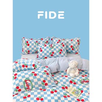 FIDE家居牛奶絨四件套藍色櫻桃保暖床單床笠宿舍加絨加厚三件套