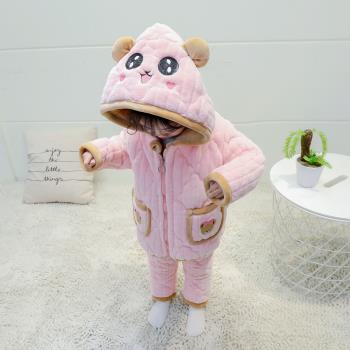 兒童睡衣女童冬季三層夾棉加厚款珊瑚絨家居服棉服寶寶法蘭絨套裝